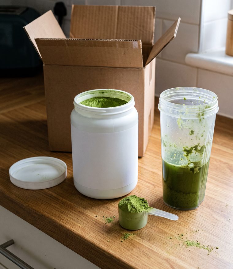 A tub of green gut powder and a clumpy shaker