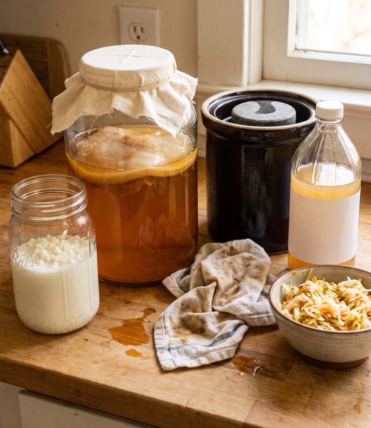 Homemade kombucha, kefir and sauerkraut jars on the counter