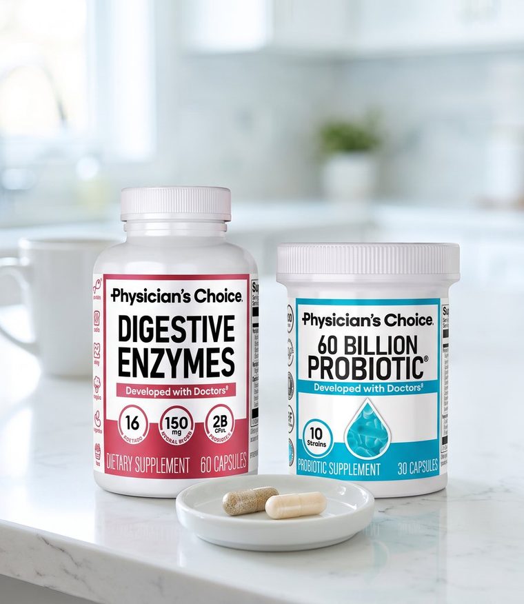 The two Hack Your Tummy bottles next to a coffee mug