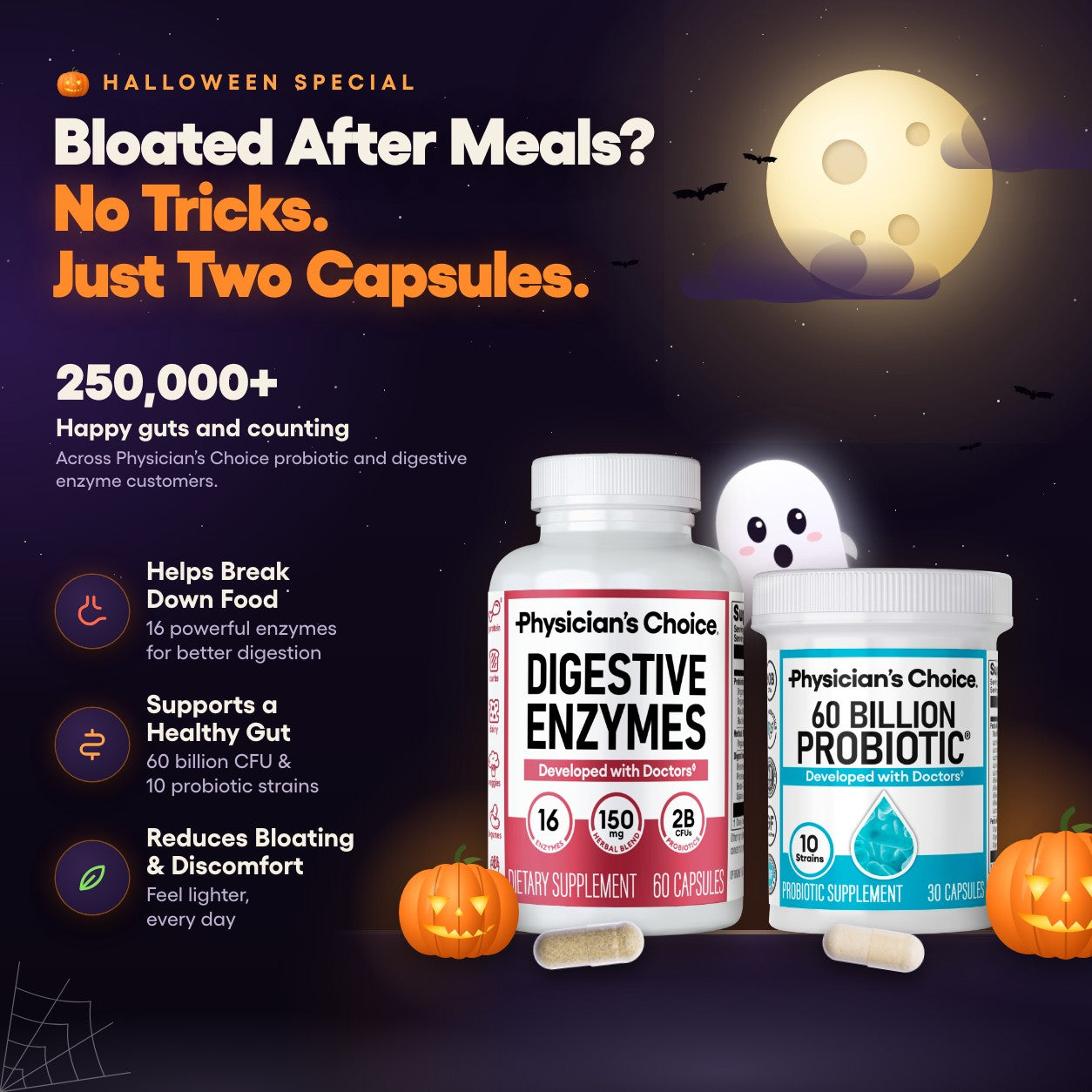Halloween special: Digestive Enzymes and 60 Billion Probiotic, the two-capsule routine for after-meal bloating