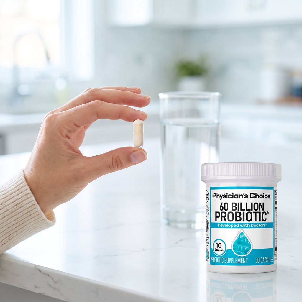 Holding a capsule next to a glass of water and both bottles