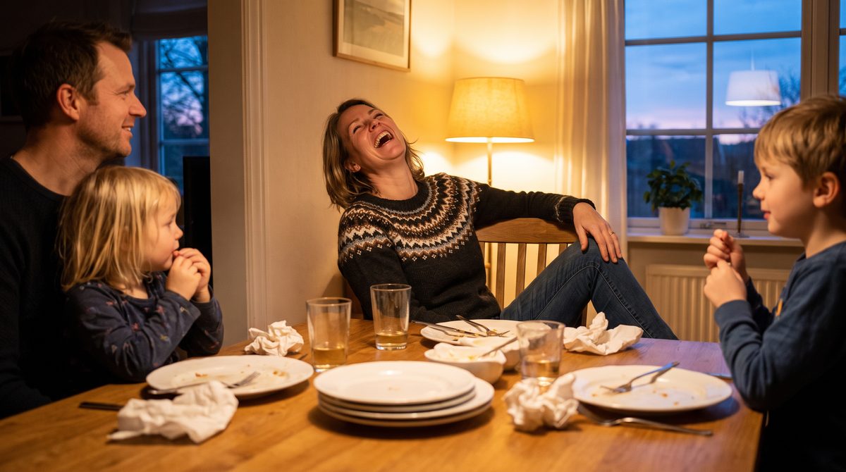 Woman laughing with her family after dinner, comfortable and light