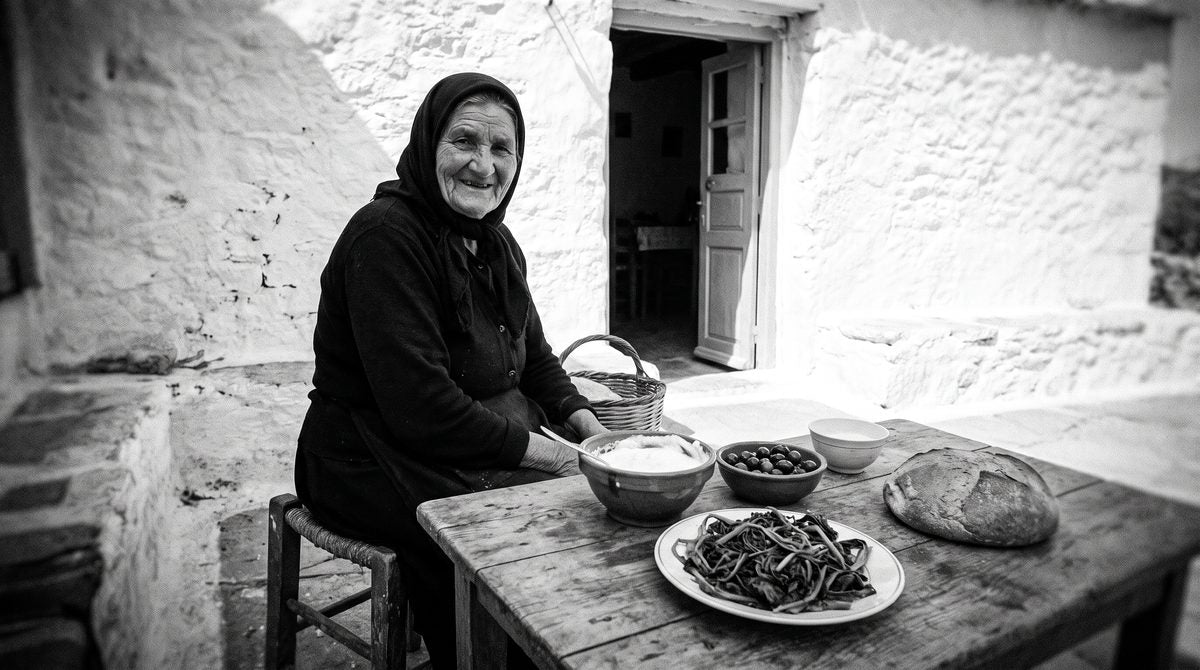Older woman at a simple village table with greens and homemade food