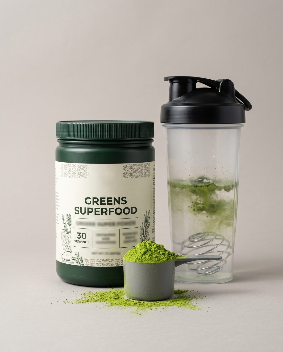 A typical greens powder with a shaker
