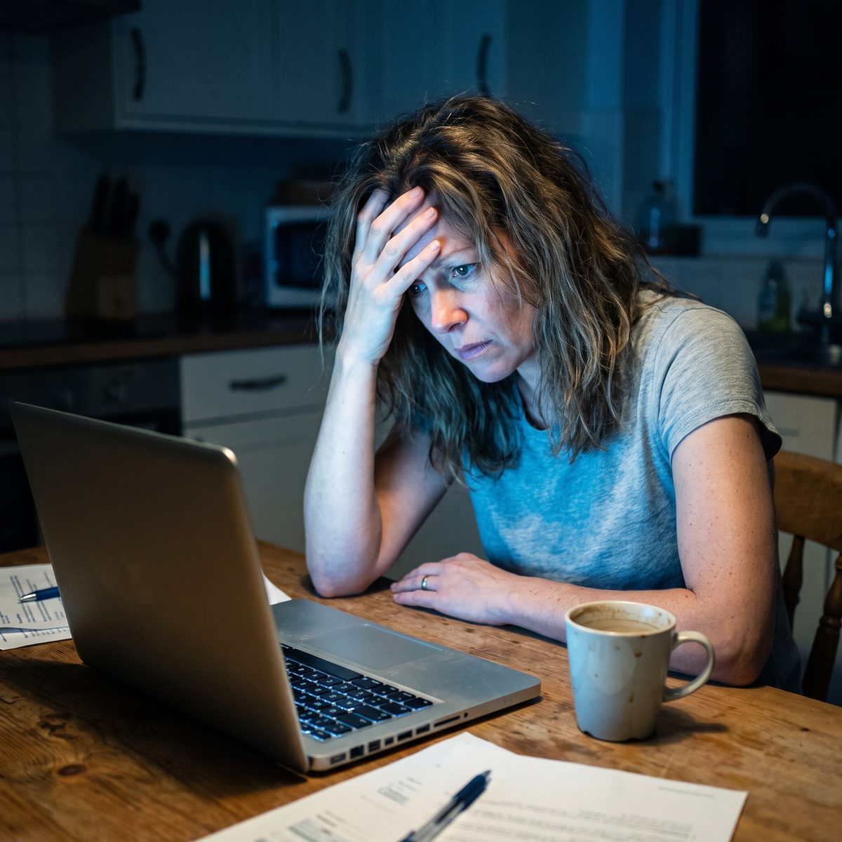 Stressed woman awake late at night