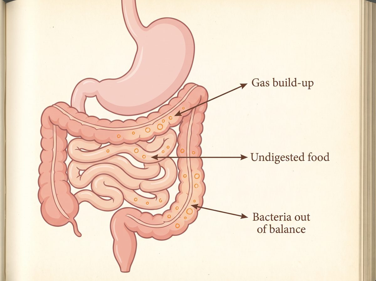 Diagram of the digestive tract showing where food gets broken down and where it ferments