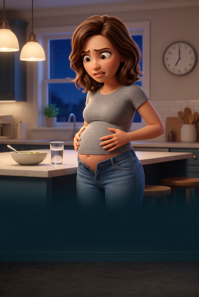 Animated woman in her kitchen at 7pm, jeans unbuttoned, both hands on a bloated stomach