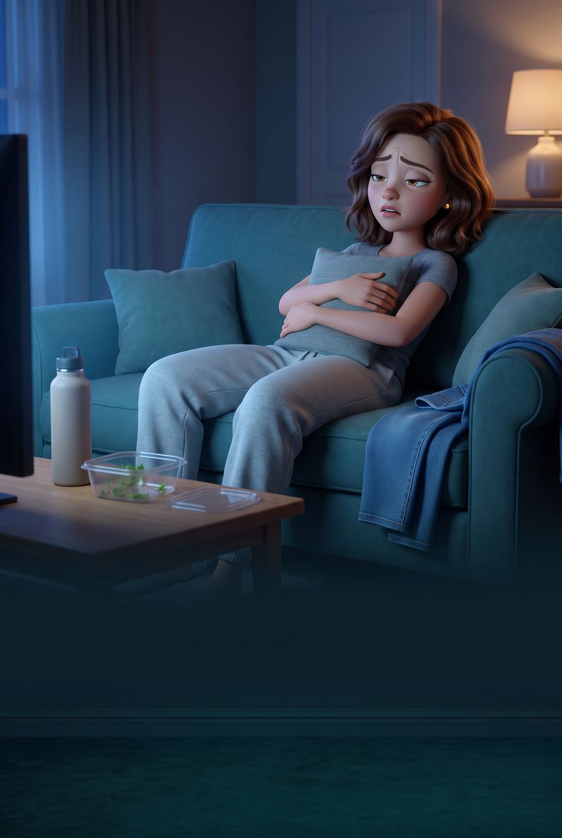 The same animated woman on the couch at night holding a cushion over her stomach