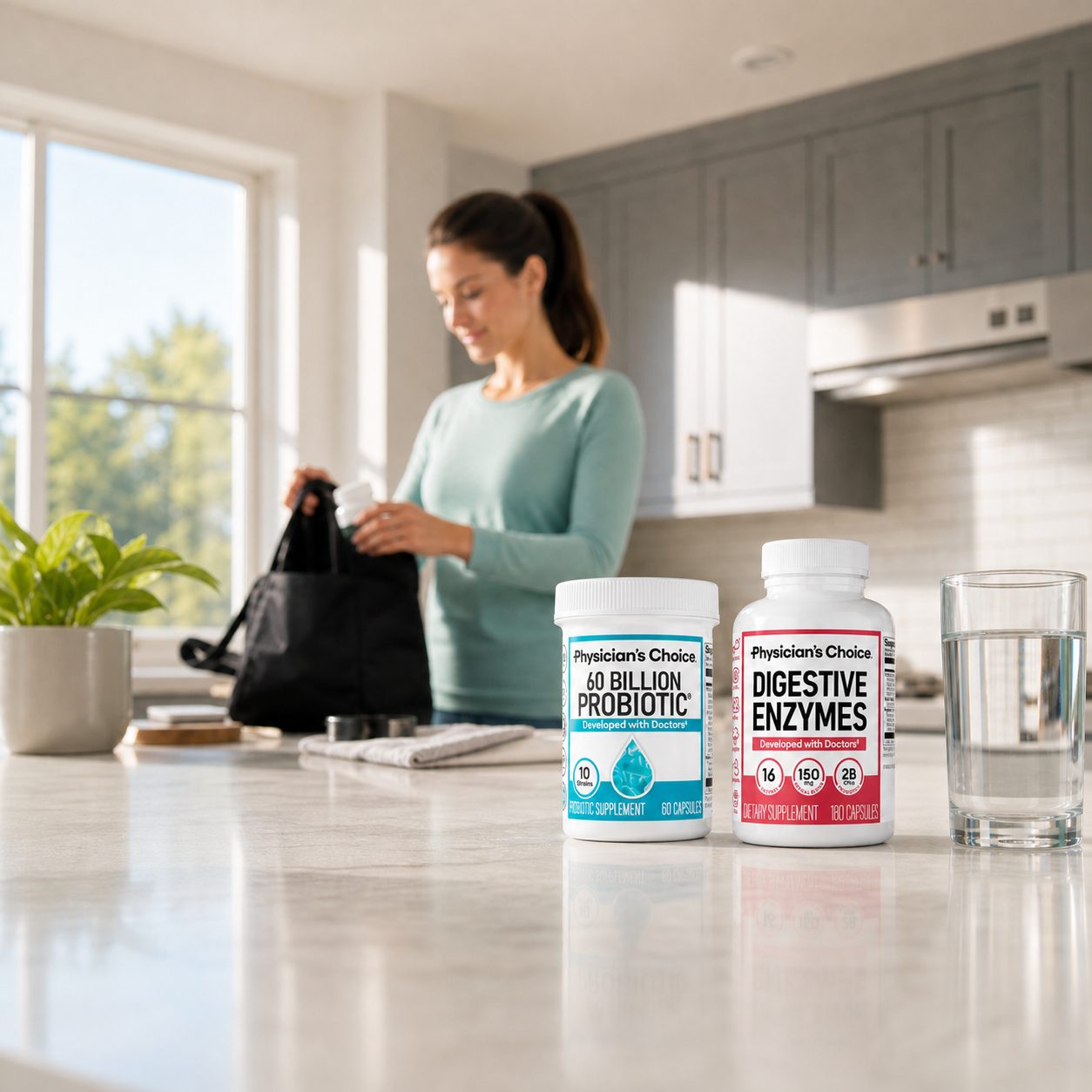 Woman in her kitchen in the morning next to her Physician’s Choice bottles