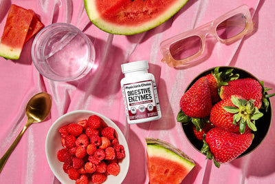 Digestive Enzymes surrounded by food and fruits