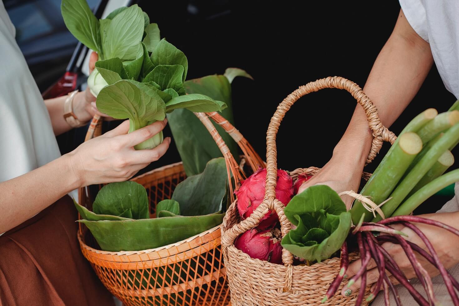Two people holding bags of heart-healthy produce including celery, bok choy, and radishes