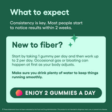 Text card on dark green with a light green panel, a raspberry gummy icon and a banner about two gummies a day