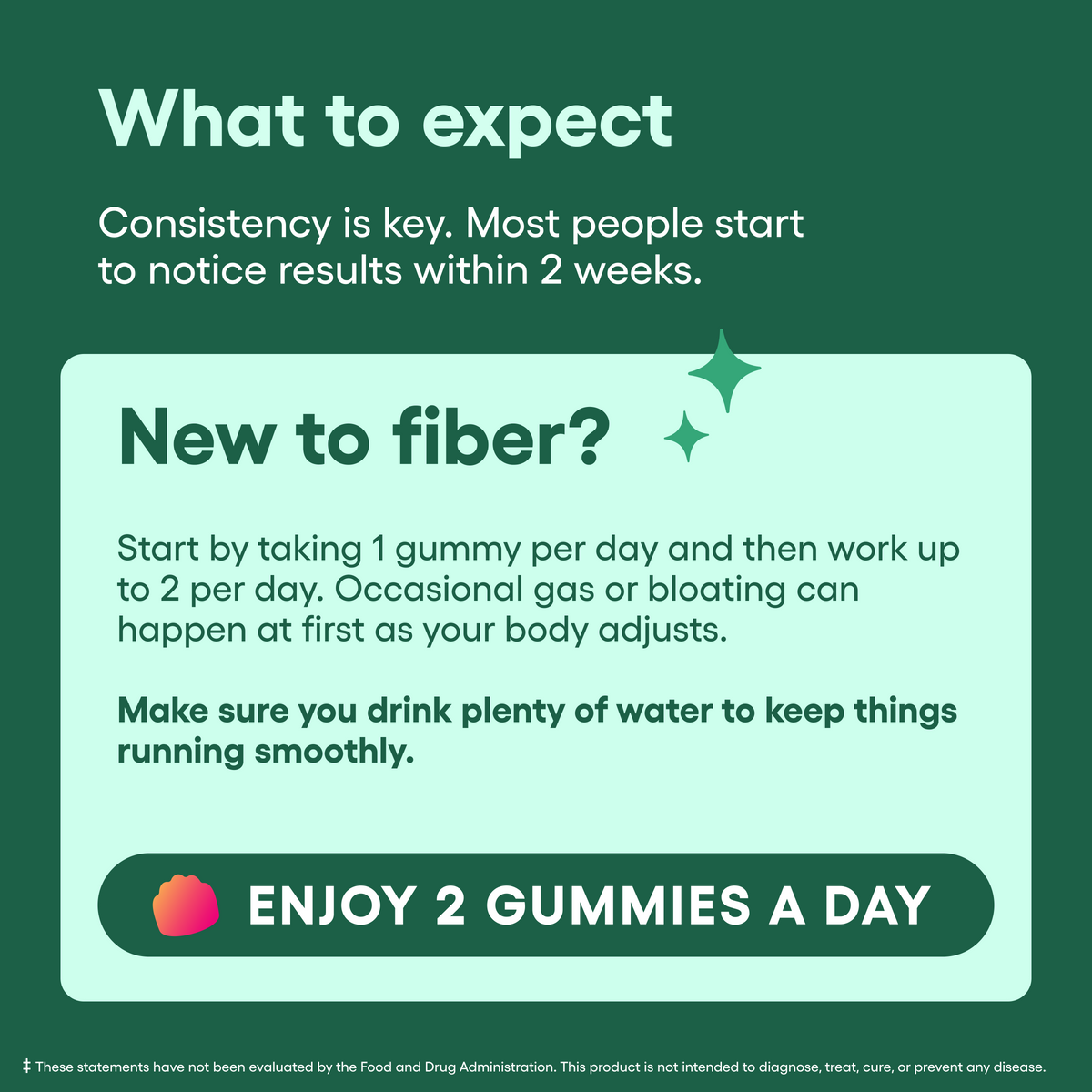 Text card on dark green with a light green panel, a raspberry gummy icon and a banner about two gummies a day