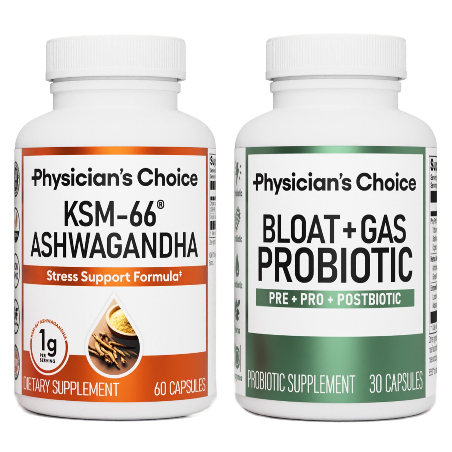 Physician’s Choice Bloat & Gas Probiotic 30ct + KSM-66 Ashwagandha 60ct - Tranquil Tummy Bundle