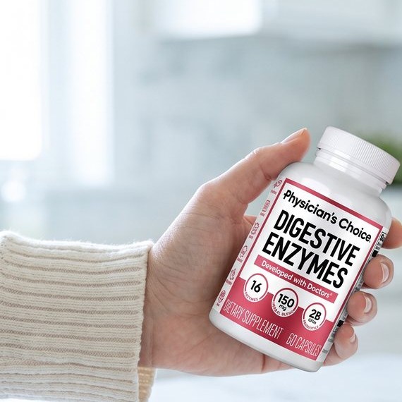 Hand holding the Digestive Enzymes bottle to read the label