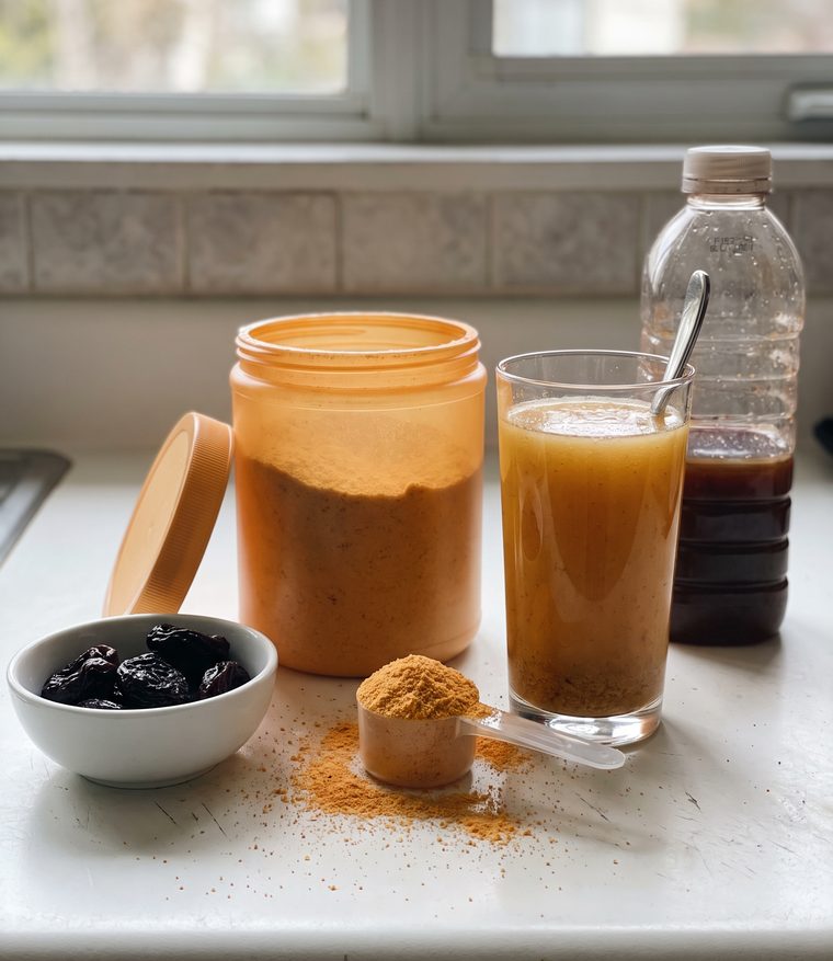 Fiber powder, prune juice and a bowl of prunes on the counter