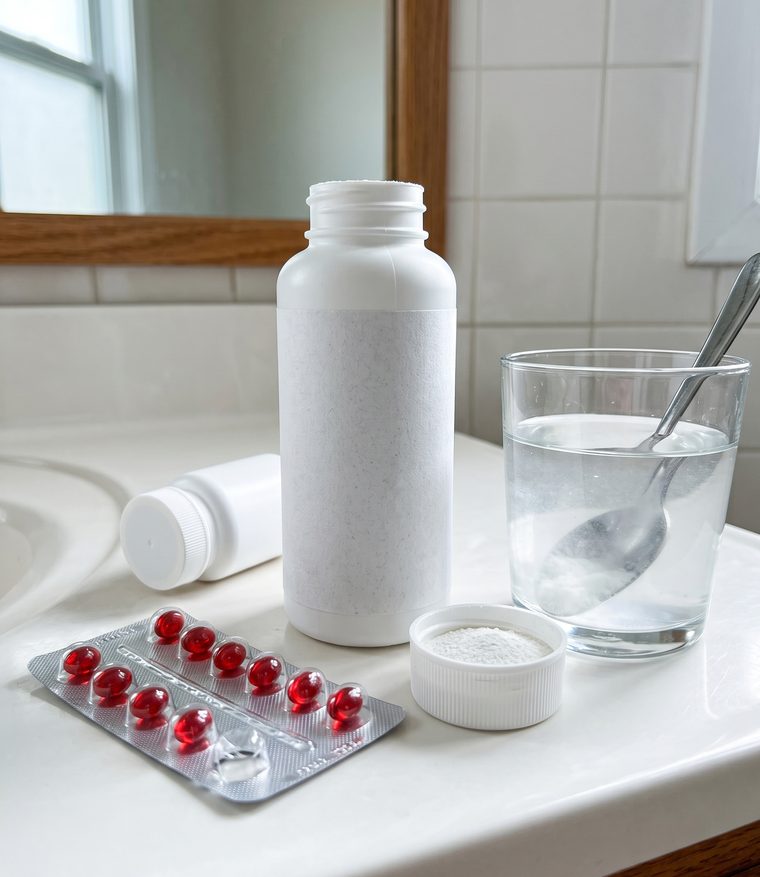 Laxative powder, a measuring cap and stool softeners on the bathroom counter