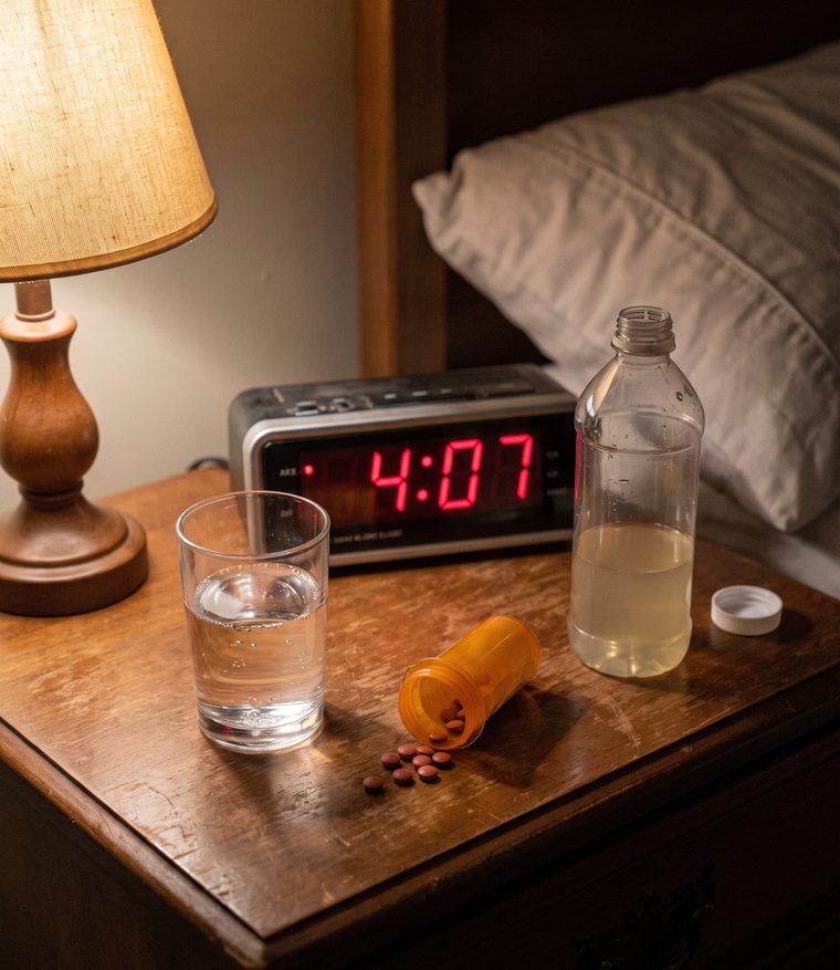 An alarm clock reading 4:07 next to laxative tablets and magnesium citrate