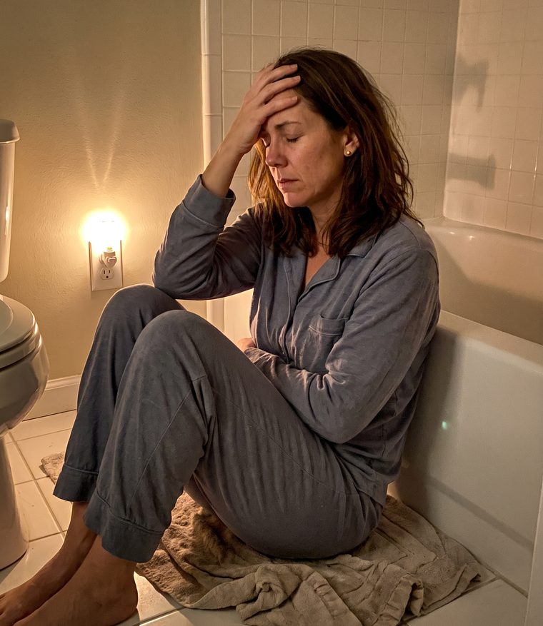 Sitting on the bathroom floor at night with stomach cramps
