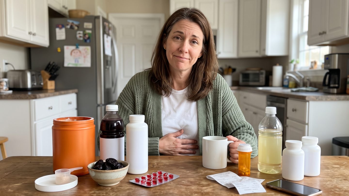 Renee at her kitchen table with the constipation fixes she tried