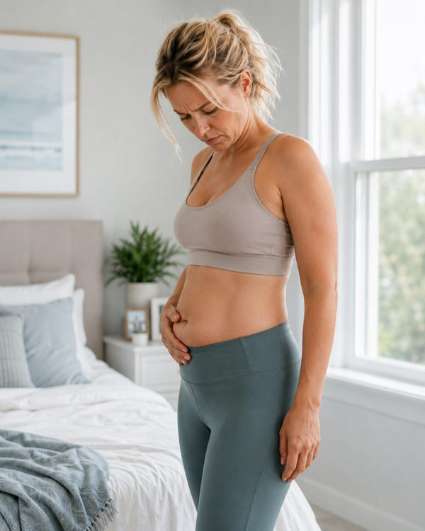 Woman frustrated by bloating after a meal