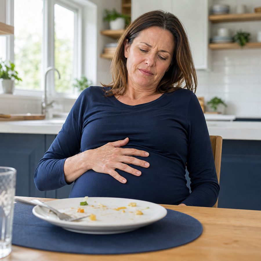 Woman holding her stomach at the kitchen table after a meal