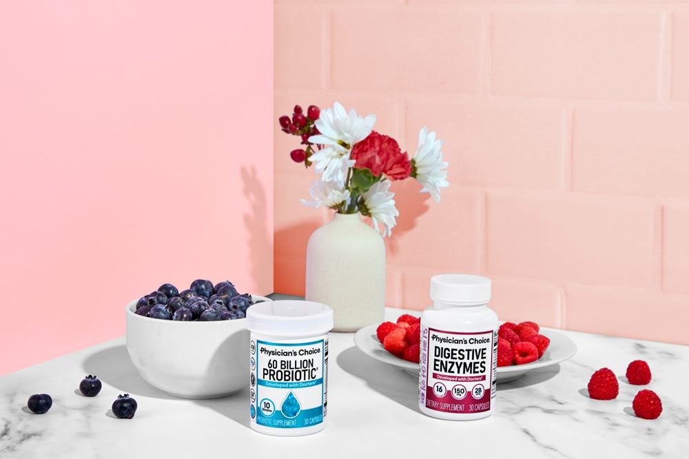 60 Billion Probiotic and Digestive Enzymes bottles with fresh berries
