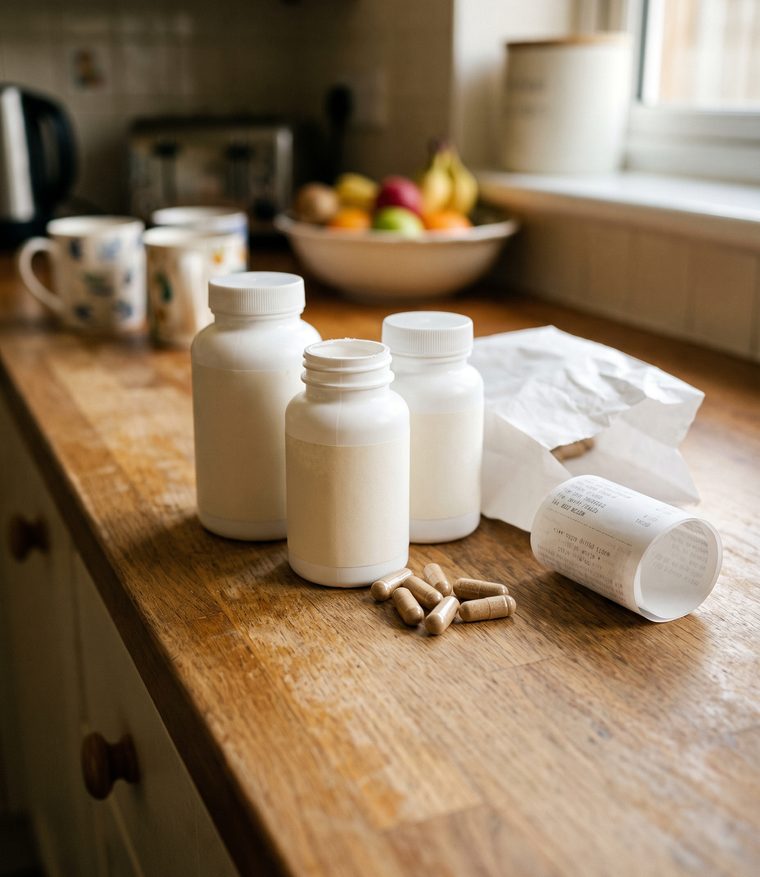 Three drugstore probiotic bottles and a receipt