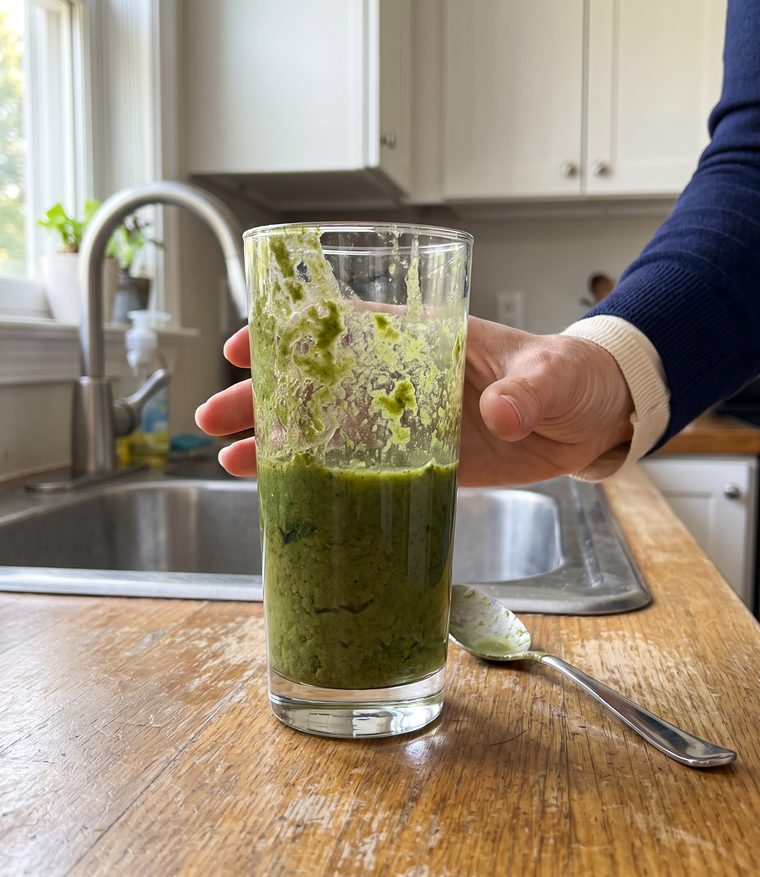 A half-finished glass of clumpy green drink by the sink