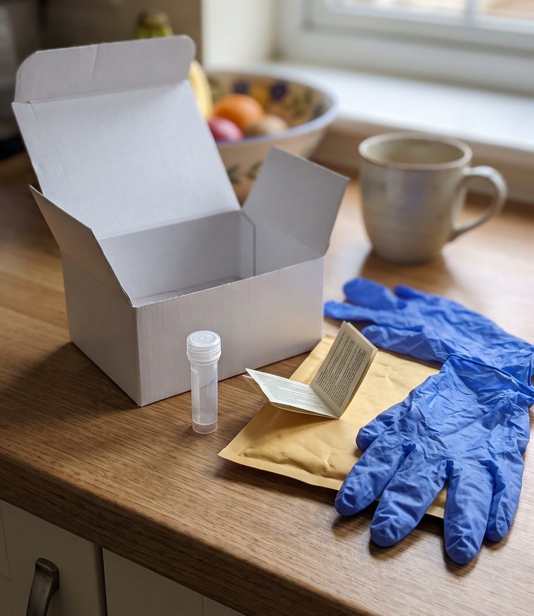 An at-home gut test kit on the counter
