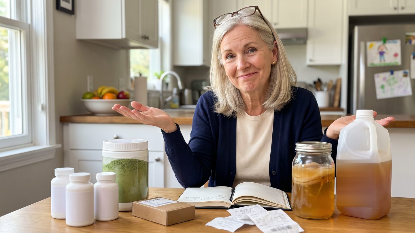 Diane at her kitchen table with the bloating fixes she tried