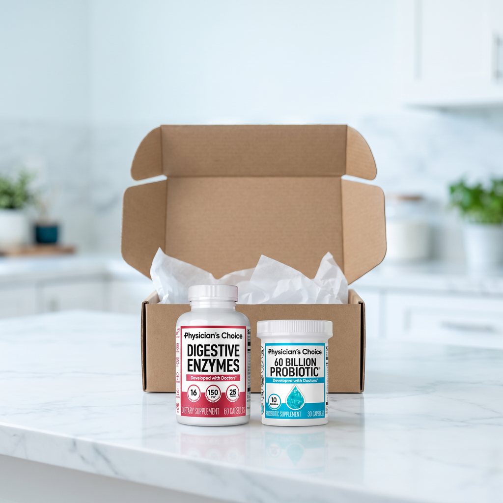 Digestive Enzymes and 60 Billion Probiotic in front of their opened delivery box