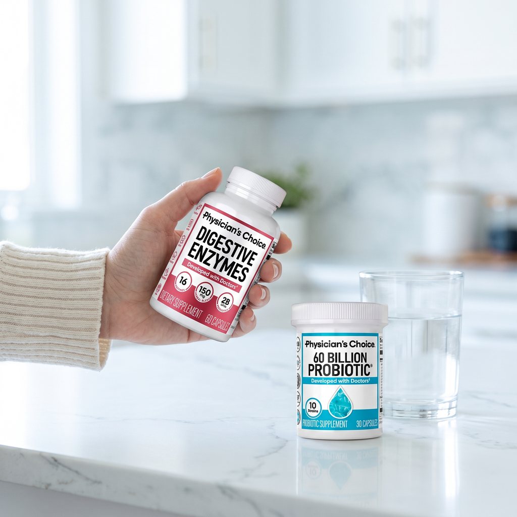 Hand holding the Digestive Enzymes bottle to read the label, 60 Billion Probiotic jar on the counter