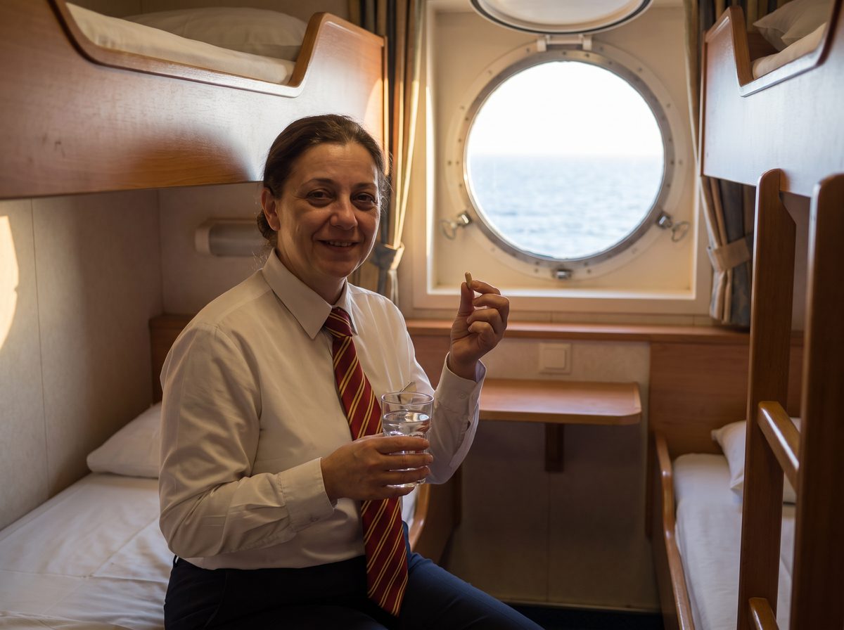 Taking a capsule in the crew cabin before a shift