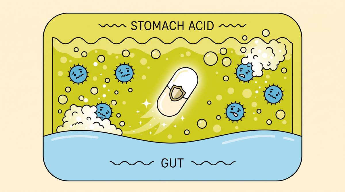 Illustration of a probiotic capsule dissolving in stomach acid before it reaches the gut