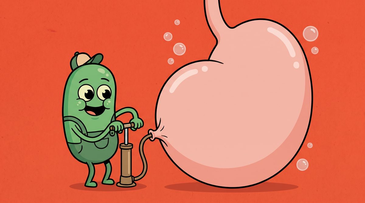 Cartoon gas-maker pumping up a stomach like a balloon