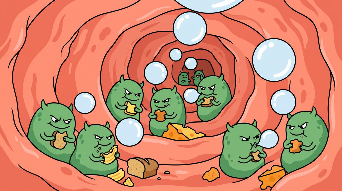 Cartoon gas-makers feasting on leftover food inside the gut and blowing gas bubbles