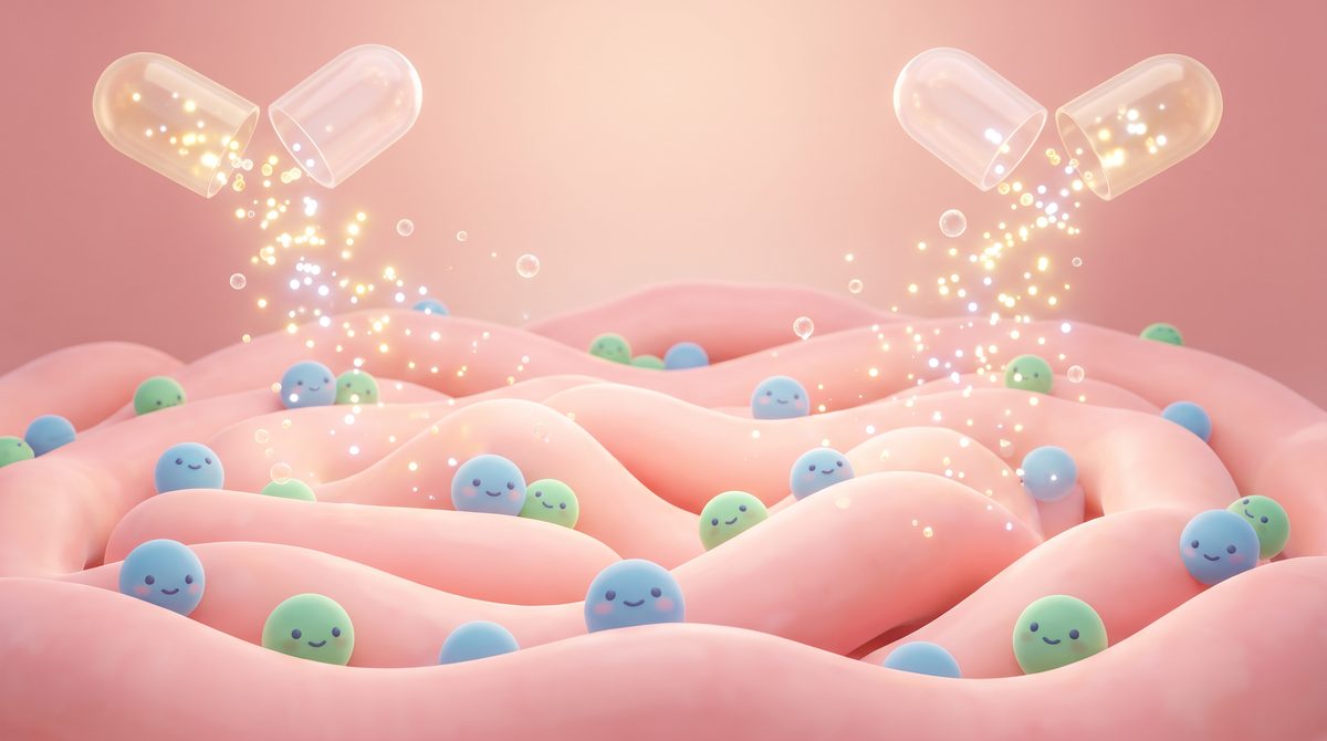Illustration of a calm, balanced gut lining with good bacteria