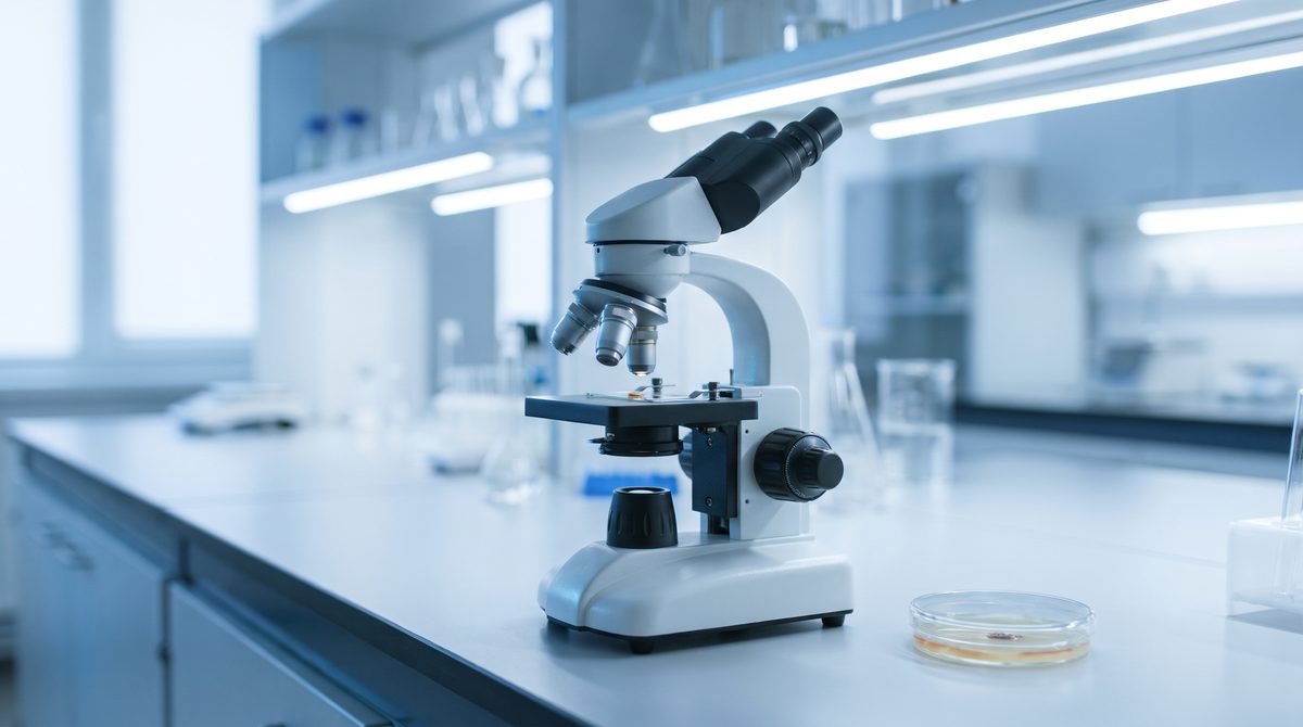 Microscope on a bright lab bench