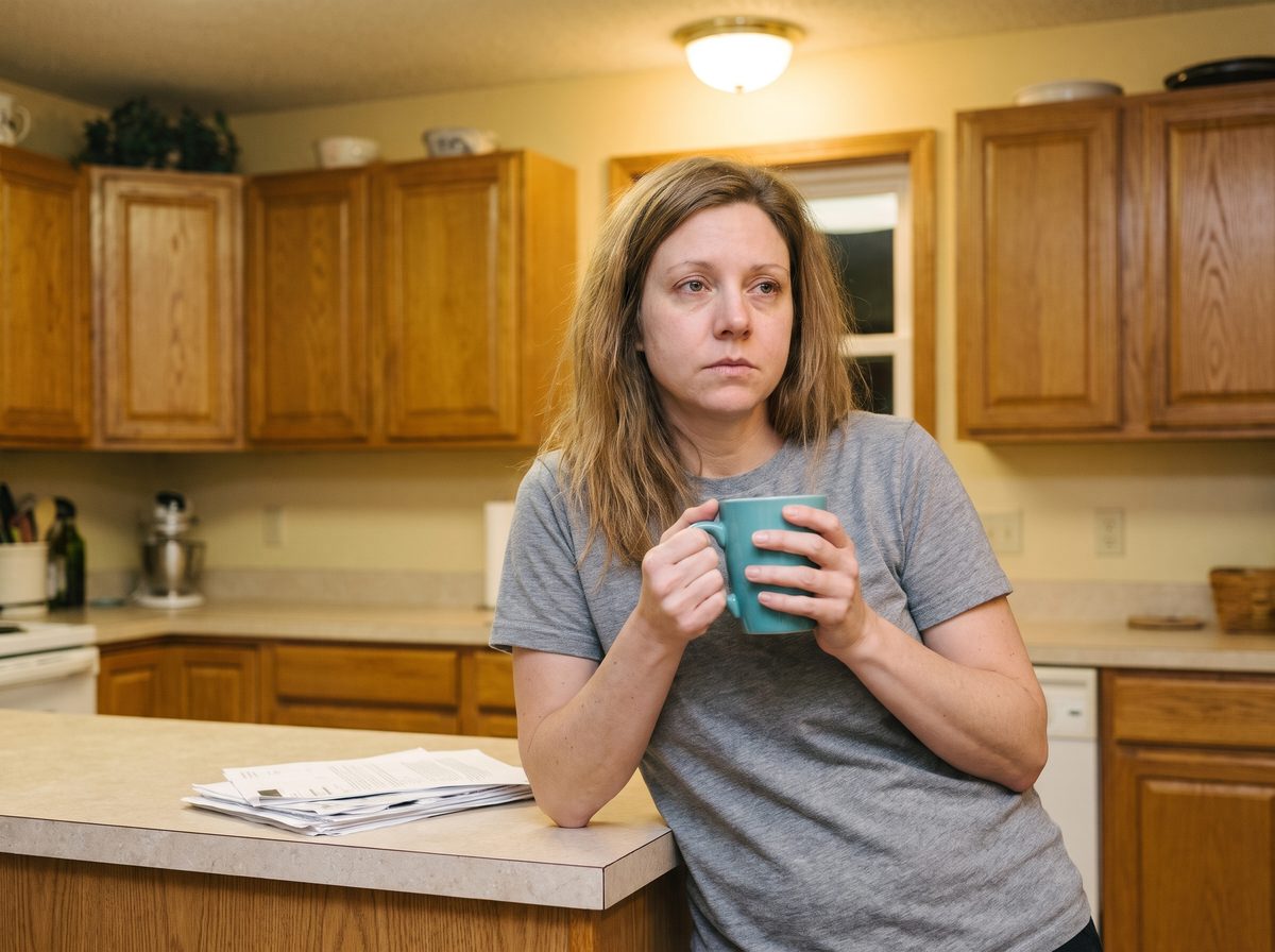 Lisa in her kitchen at the end of the day, bloated and worn out