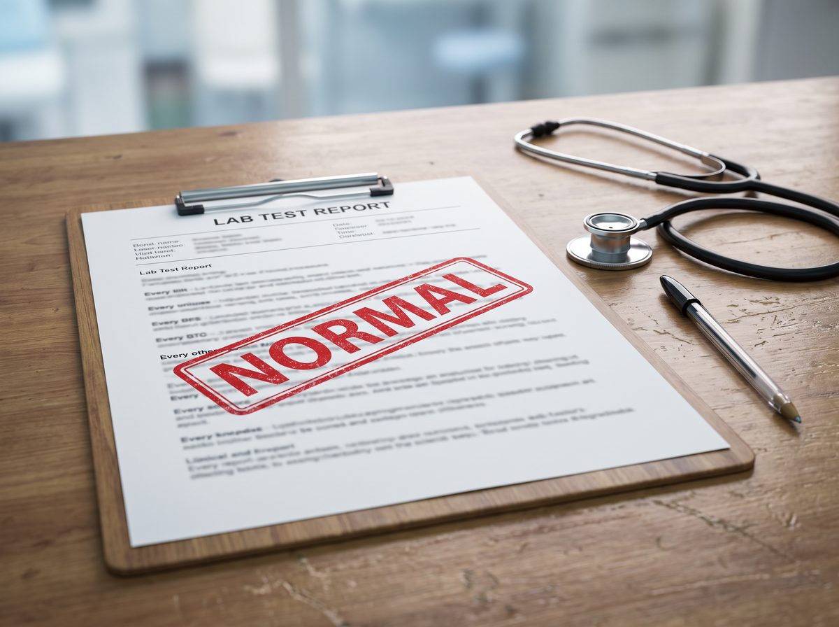 A lab report stamped normal on a clipboard