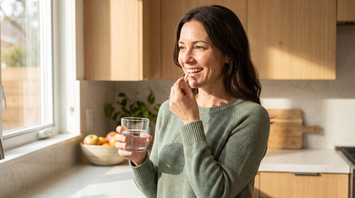 Smiling woman taking her capsule with a glass of water