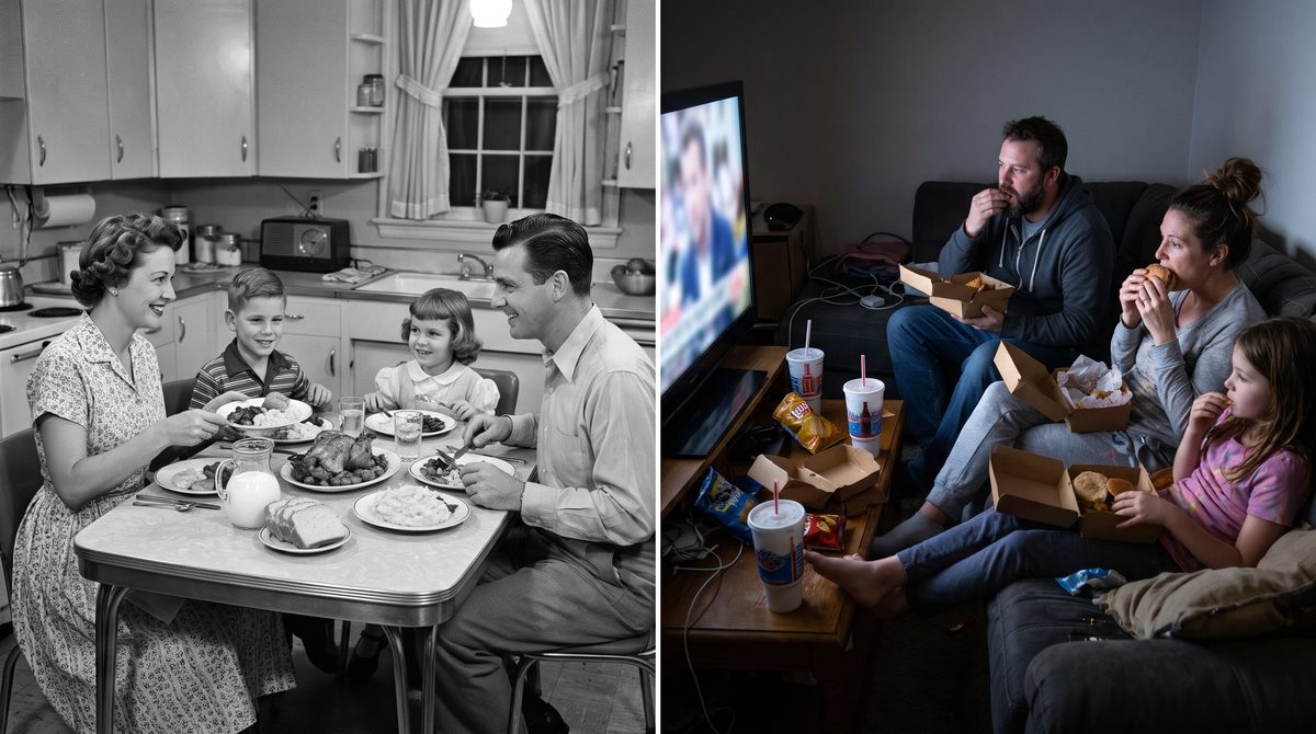 A 1950s family dinner next to a family eating takeout in front of the TV today