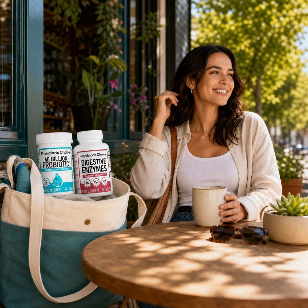 Woman smiling at a table with the Hack Your Tummy bottles