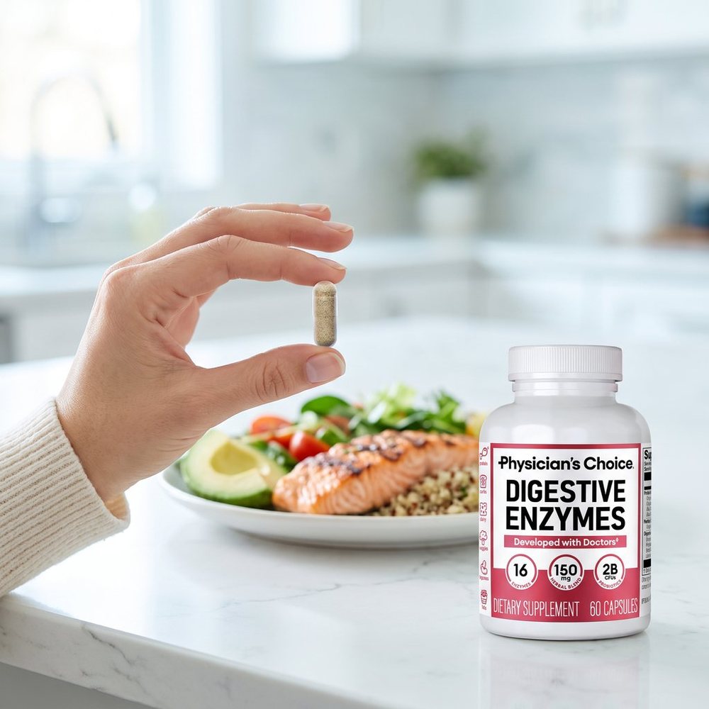 Capsule held over a salmon lunch next to the Digestive Enzymes bottle