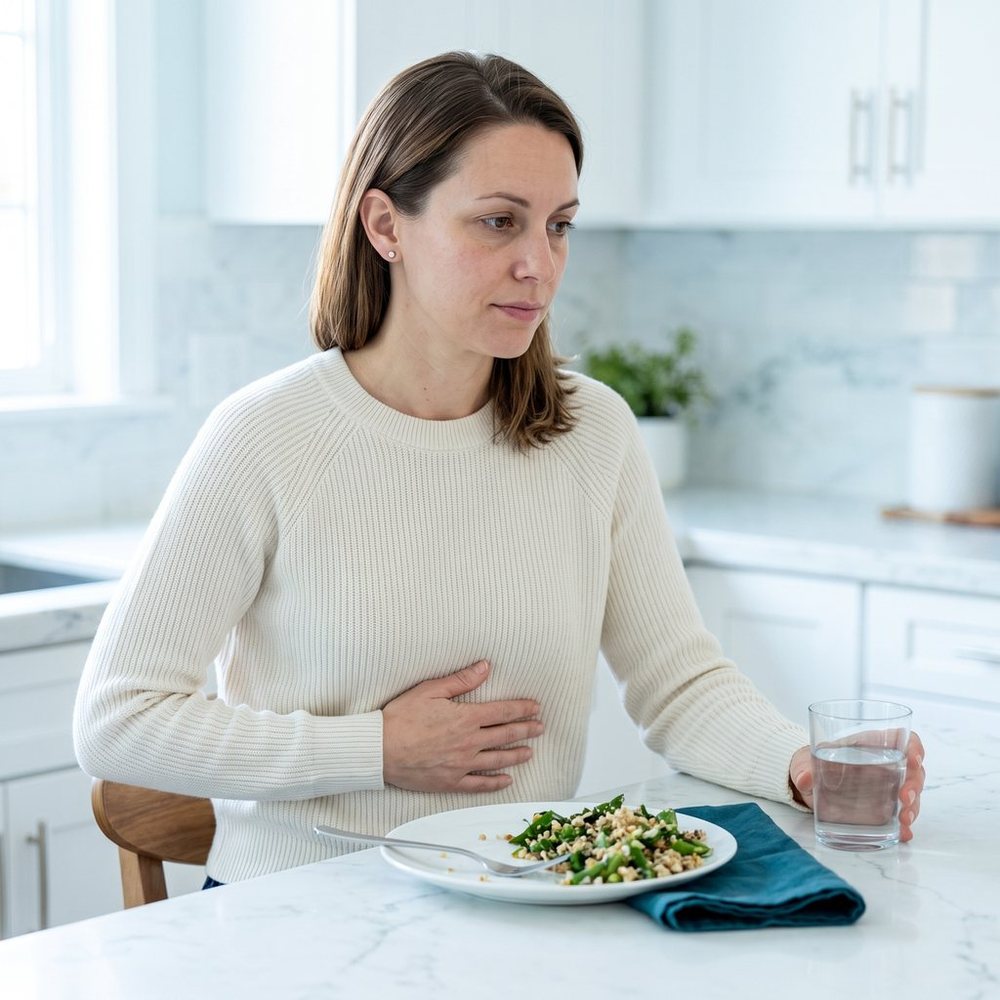 Woman at a kitchen table after lunch
