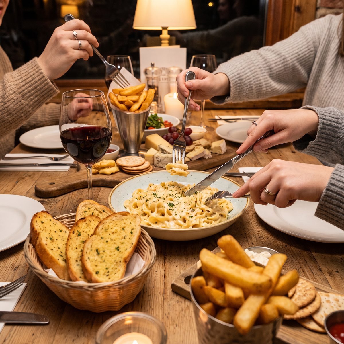 Big, rich restaurant meal