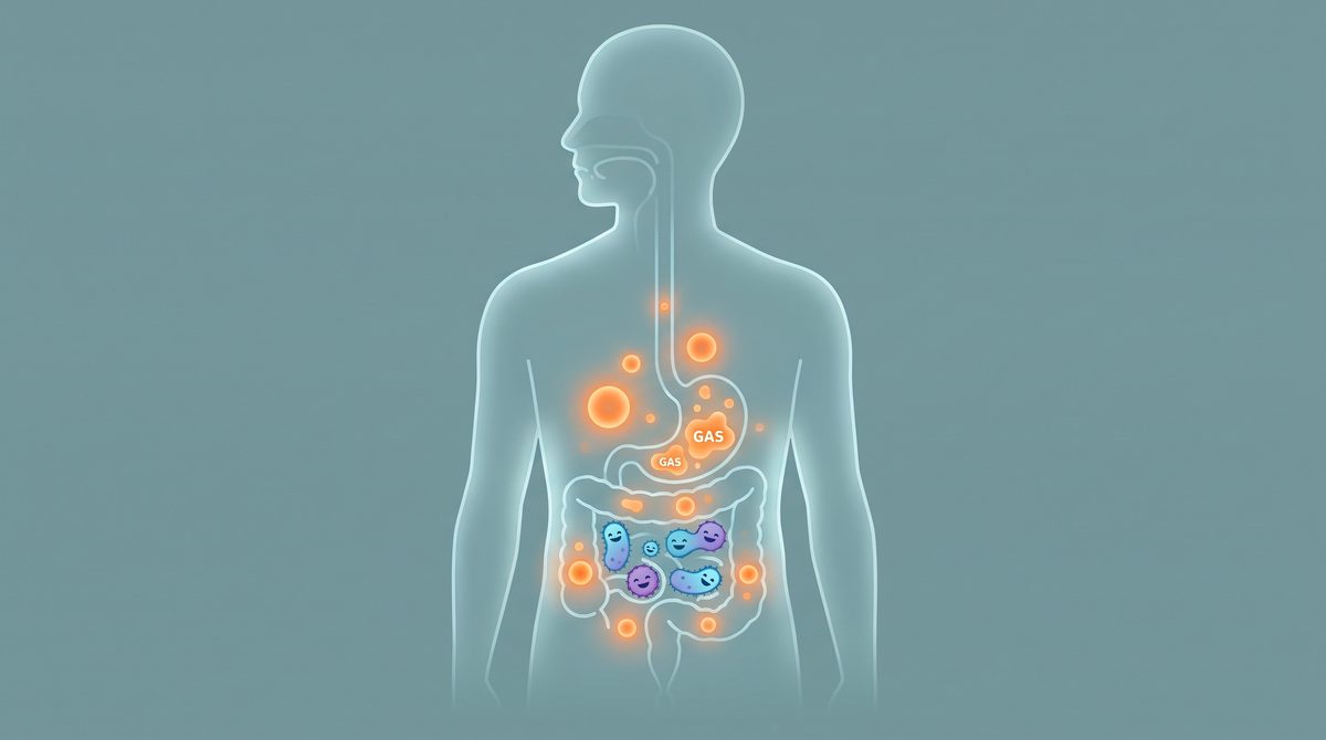 Illustration of the gut with undigested food and gas bubbles