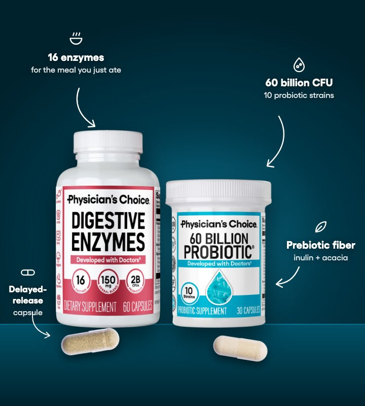 Digestive Enzymes and 60 Billion Probiotic: 16 enzymes for the meal, 60 billion CFU and 10 strains, prebiotic fiber, delayed-release capsule