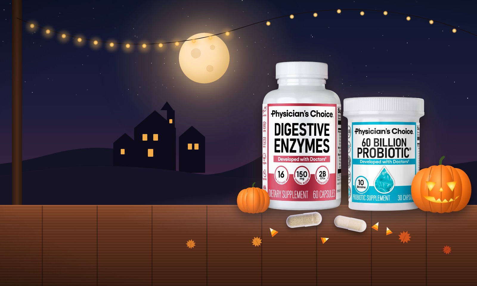 Hack Your Tummy Halloween sale: Digestive Enzymes and 60 Billion Probiotic on a porch at night with jack-o'-lanterns